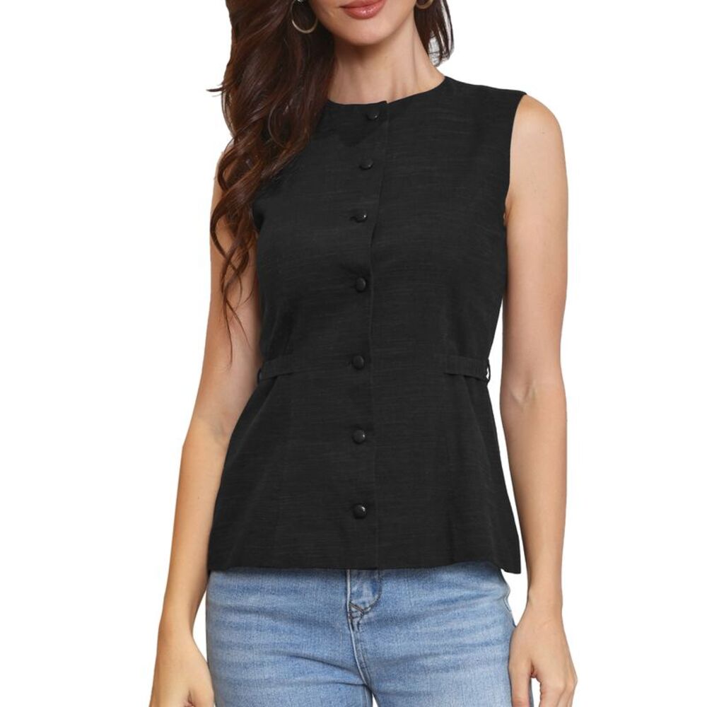 Women's Linen Sleeveless Business Casual Vest Top Black